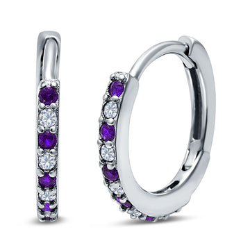 Half Eternity Hoop Earrings Round Simulated Amethyst Cubic Zirconia 925 Sterling Silver (16mm)